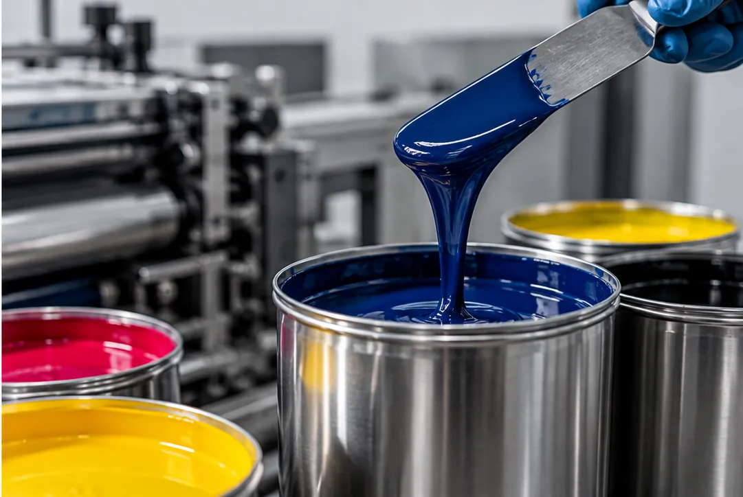 Tinta azul de impresión sobre espátula y botes de tinta cian, magenta y amarillo junto a la máquina
