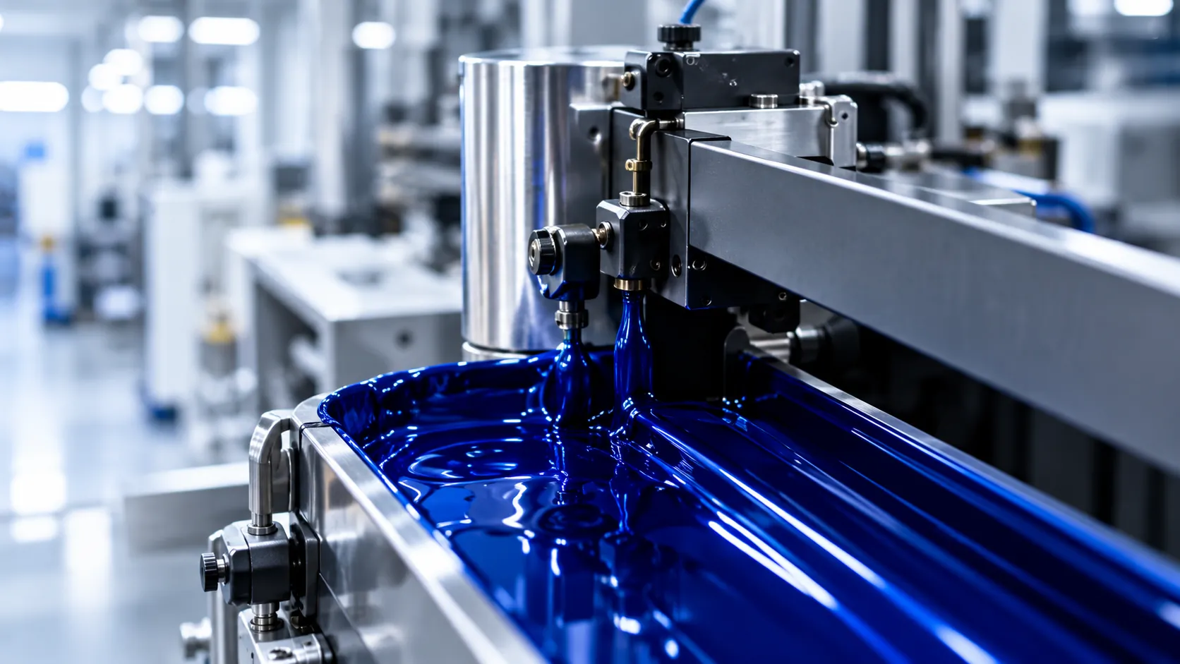 Máquina de impresión offset con tinta azul y roja en los rodillos