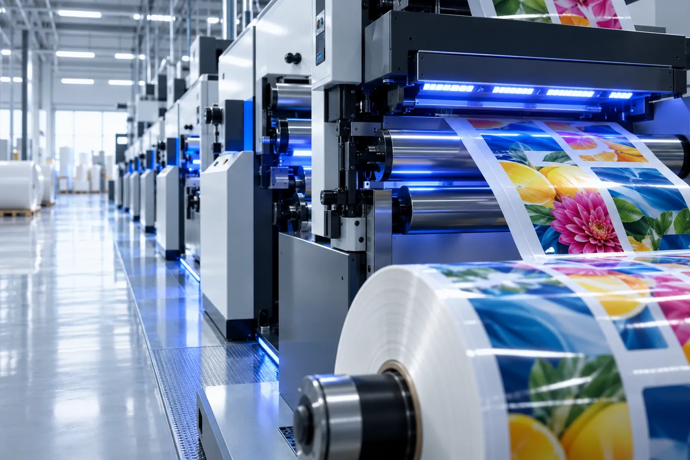 Bobina de etiquetas a todo color saliendo de una maquina flexografica con secado UV