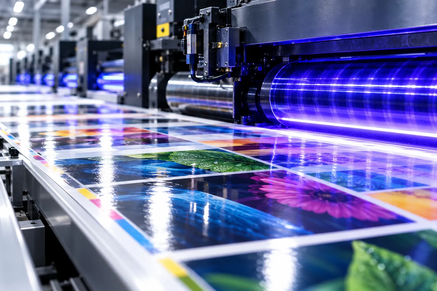 Pliego pasando bajo la l&aacute;mpara de secado ultravioleta de una m&aacute;quina offset